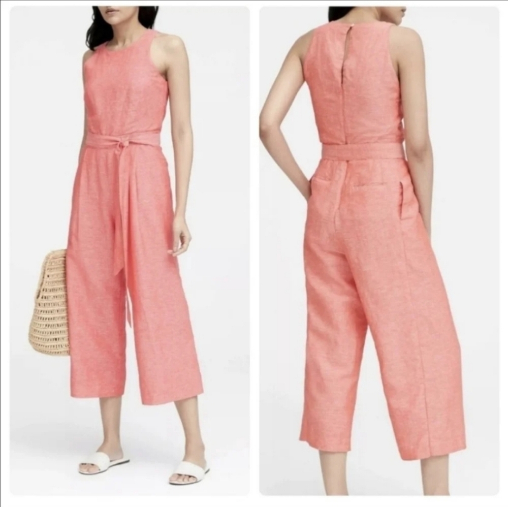 Banana Republic Coral Orange Linen Blend Belted Culotte Wide Leg Pant Jumpsuit
